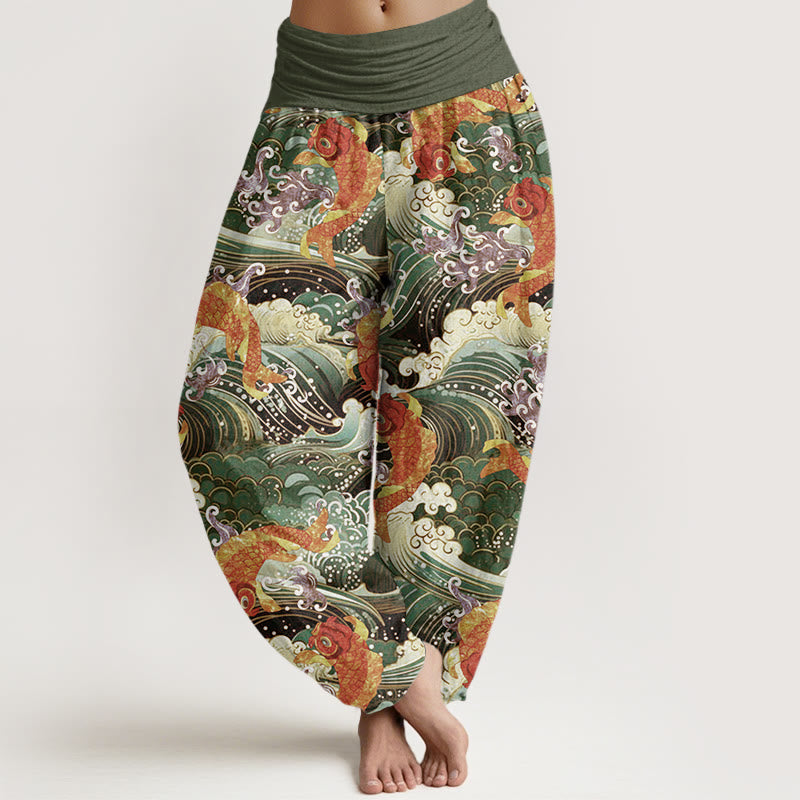 Buddha Stones Lässige Haremshose mit Koi-Fisch-Ozeanwellen-Muster für Damen, elastische Taille - Olivgrün - US22， UK/AU26，EU54 (6XL) - image 8