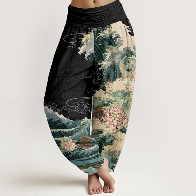 Buddha Stones Lässige Haremshose mit blühendem Lotusblüten-Wellenpavillon-Muster für Damen, elastische Taille - Schwarz - US22， UK/AU26，EU54 (6XL) - image 1