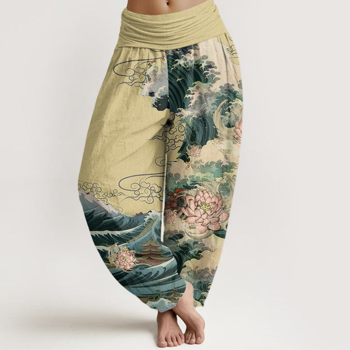 Buddha Stones Lässige Haremshose mit blühendem Lotusblüten-Wellenpavillon-Muster für Damen, elastische Taille - Khaki - US22， UK/AU26，EU54 (6XL) - image 5