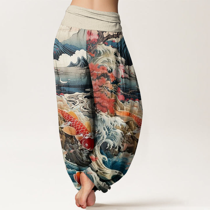 Lässige Haremshose mit Buddha Stones und blühendem Baum, Koi-Fisch, Wellen- und Bergmuster für Damen, elastische Taille