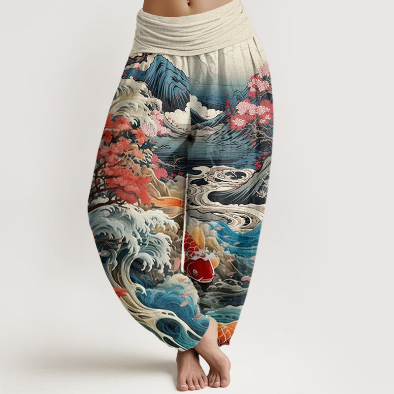 Lässige Haremshose aus Baumwolle mit Buddha Stones, blühendem Baum-, Koi-Fisch-, Wellen- und Bergmuster für Damen, elastischer Bund - Beige - US22, UK/AU26, EU54 (6XL) - image 0