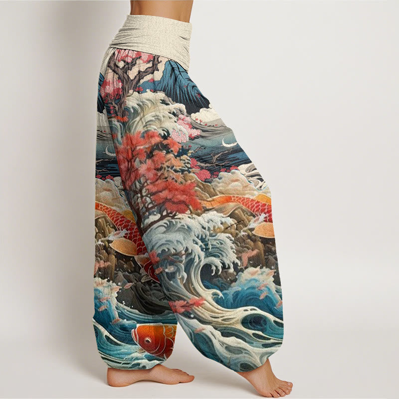 Lässige Haremshose mit Buddha Stones und blühendem Baum, Koi-Fisch, Wellen- und Bergmuster für Damen, elastische Taille - image 3