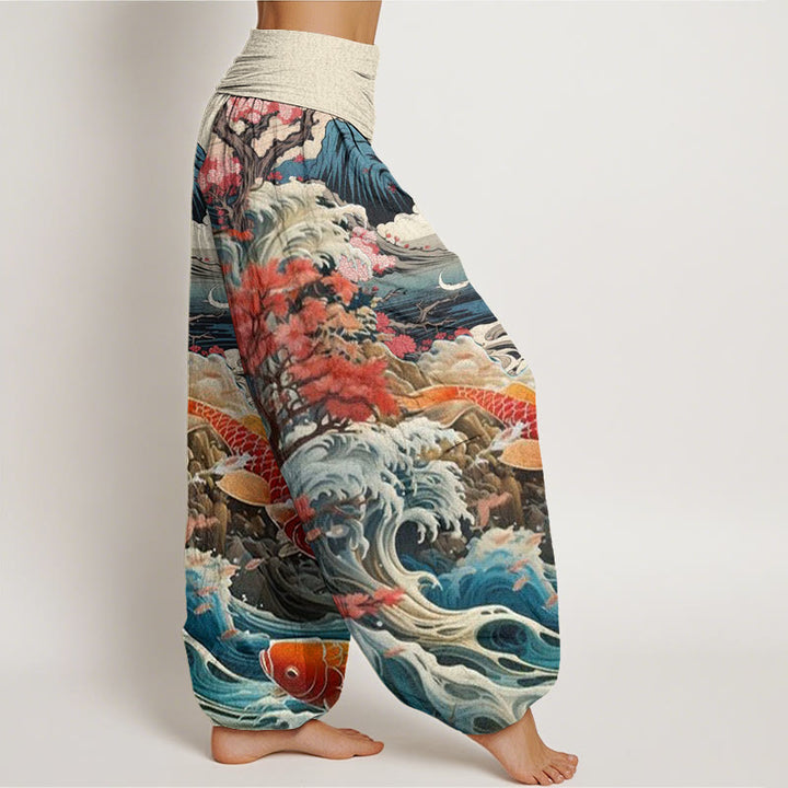 Lässige Haremshose mit Buddha Stones und blühendem Baum, Koi-Fisch, Wellen- und Bergmuster für Damen, elastische Taille - image 3