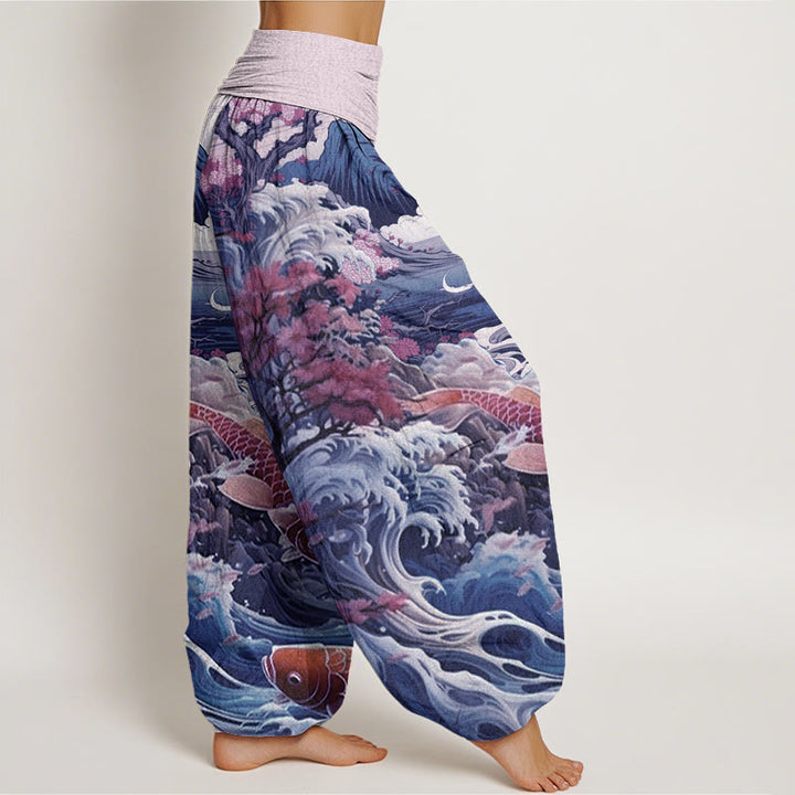 Lässige Haremshose mit Buddha Stones und blühendem Baum, Koi-Fisch, Wellen- und Bergmuster für Damen, elastische Taille