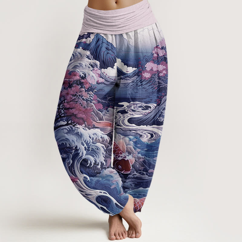 Lässige Haremshose aus Baumwolle mit Buddha Stones, blühendem Baum-, Koi-Fisch-, Wellen- und Bergmuster für Damen, elastischer Bund - Pflaume - US22, UK/AU26, EU54 (6XL) - image 4