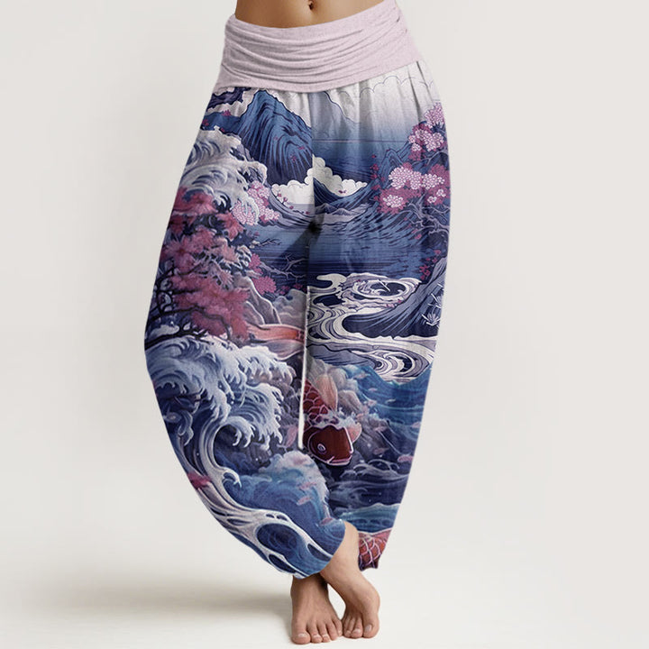Lässige Haremshose aus Baumwolle mit Buddha Stones, blühendem Baum-, Koi-Fisch-, Wellen- und Bergmuster für Damen, elastischer Bund - Pflaume - US22, UK/AU26, EU54 (6XL) - image 4