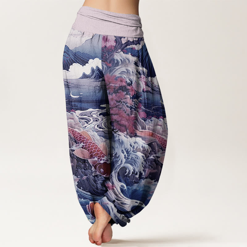 Lässige Haremshose mit Buddha Stones und blühendem Baum, Koi-Fisch, Wellen- und Bergmuster für Damen, elastische Taille - image 5