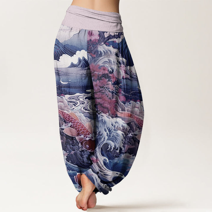 Lässige Haremshose mit Buddha Stones und blühendem Baum, Koi-Fisch, Wellen- und Bergmuster für Damen, elastische Taille - image 5