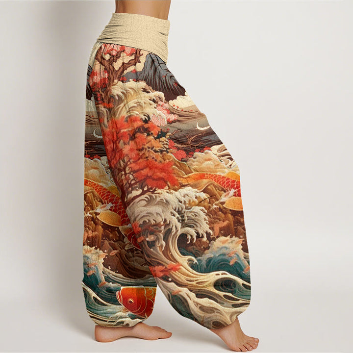 Lässige Haremshose mit Buddha Stones und blühendem Baum, Koi-Fisch, Wellen- und Bergmuster für Damen, elastische Taille