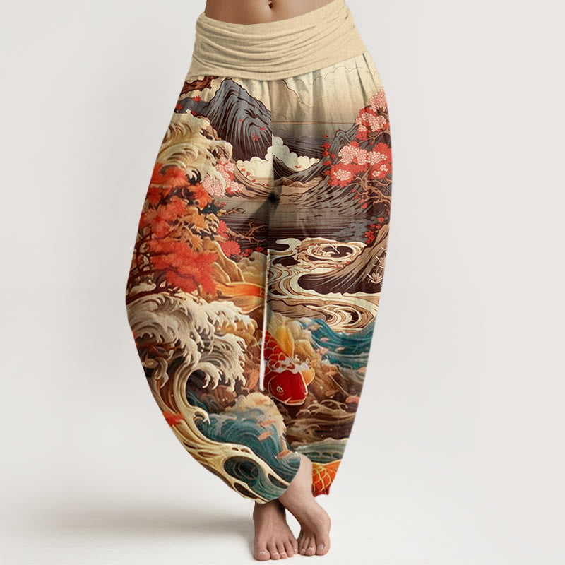 Lässige Haremshose mit Buddha Stones und blühendem Baum, Koi-Fisch, Wellen- und Bergmuster für Damen, elastische Taille