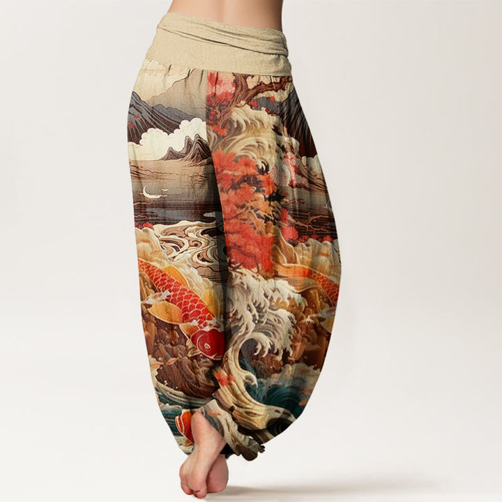 Lässige Haremshose mit Buddha Stones und blühendem Baum, Koi-Fisch, Wellen- und Bergmuster für Damen, elastische Taille