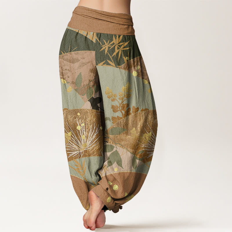 Haremshose mit Buddha Stones, Halbkreis-Blätter-Muster, elastischer Taille für Damen - image 2