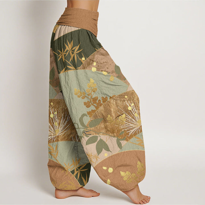 Haremshose mit Buddha Stones, Halbkreis-Blätter-Muster, elastischer Taille für Damen - image 3