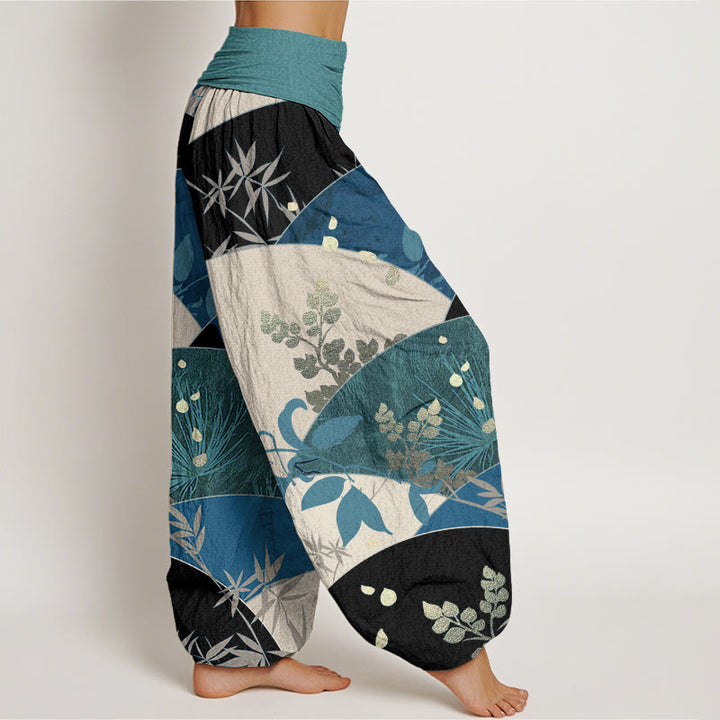 Haremshose mit Buddha Stones, Halbkreis-Blätter-Muster, elastischer Taille für Damen - image 7