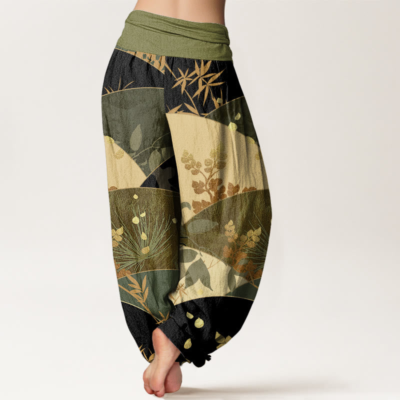 Haremshose mit Buddha Stones, Halbkreis-Blätter-Muster, elastischer Taille für Damen - image 9