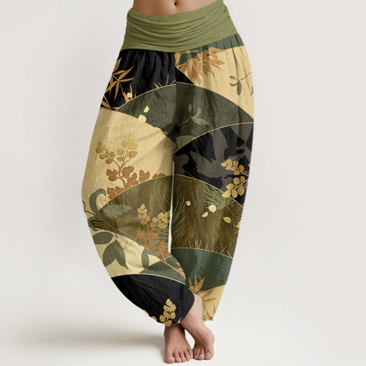 Haremshose mit Buddha Stones, Halbkreis-Blätter-Muster, elastischer Taille für Damen - Olivgrün - US22， UK/AU26，EU54 (6XL) - image 8
