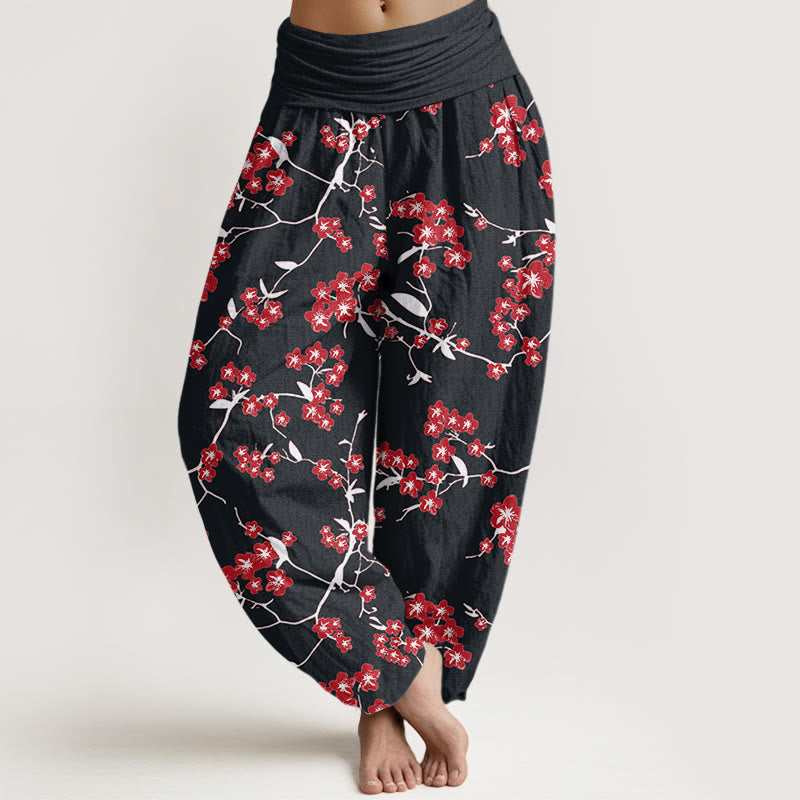 Buddha Stones Damen Haremshose mit elastischer Taille und rotem Pfirsichblütenmuster - Schwarz - US22， UK/AU26，EU54 (6XL) - image 8