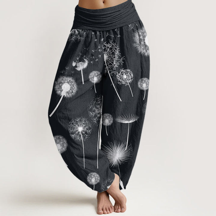 Lässige Haremshose aus Baumwolle mit Buddha Stones und Löwenzahnmuster für Damen mit elastischem Bund - Schwarz - US22, UK/AU26, EU54 (6XL) - image 0