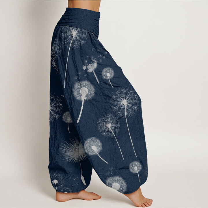 Buddha Stones Lässige Haremshose mit Löwenzahnmuster für Damen, elastische Taille