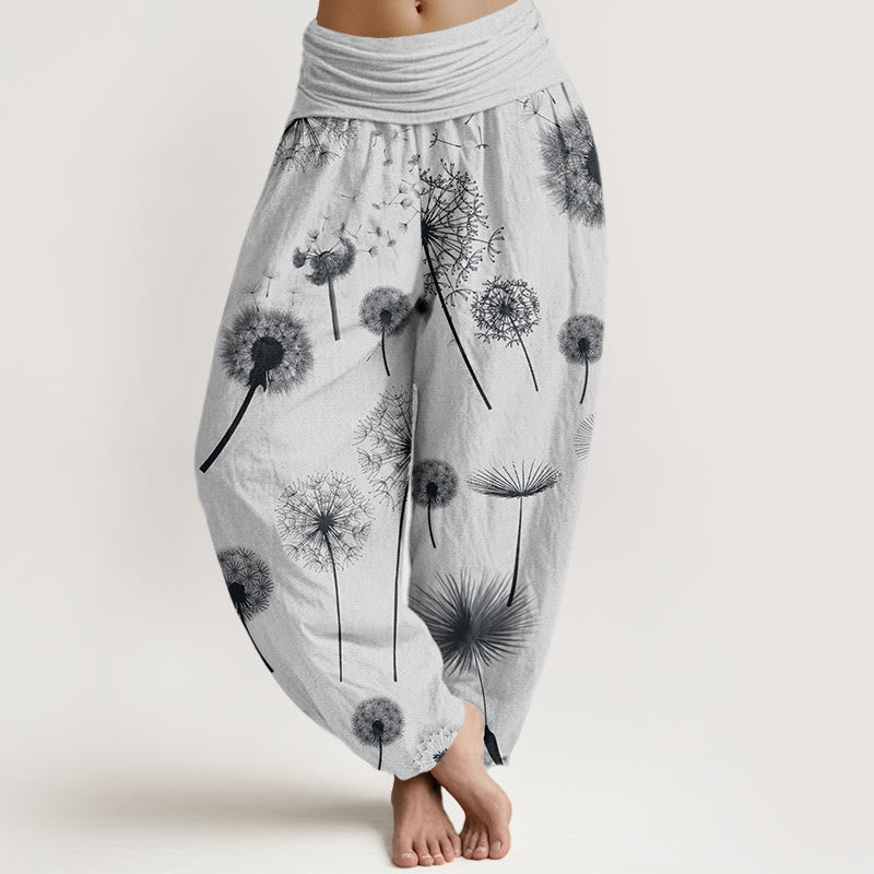 Lässige Haremshose aus Baumwolle mit Buddha Stones und Löwenzahnmuster für Damen mit elastischem Bund - Weißer Rauch - US22, UK/AU26, EU54 (6XL) - image 7