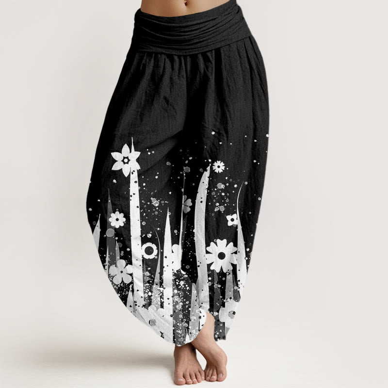 Buddha Stones Lässige Haremshose mit weißem Blumengrasmuster für Damen, elastische Taille - Schwarz - US22， UK/AU26，EU54 (6XL) - image 1