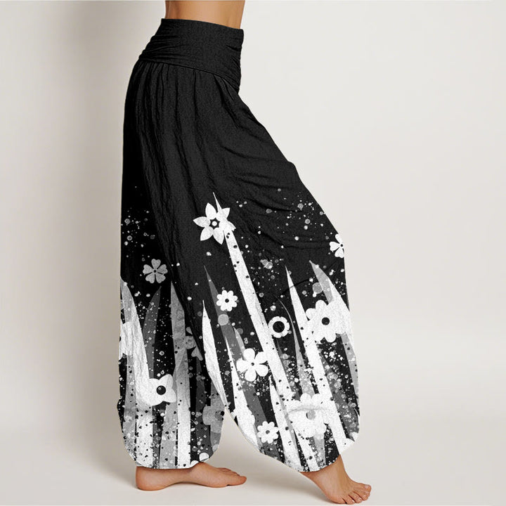 Buddha Stones Lässige Haremshose mit weißem Blumengrasmuster für Damen, elastische Taille - image 3