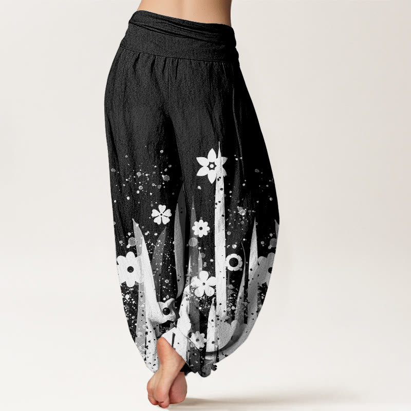 Buddha Stones Lässige Haremshose mit weißem Blumengrasmuster für Damen, elastische Taille - image 2