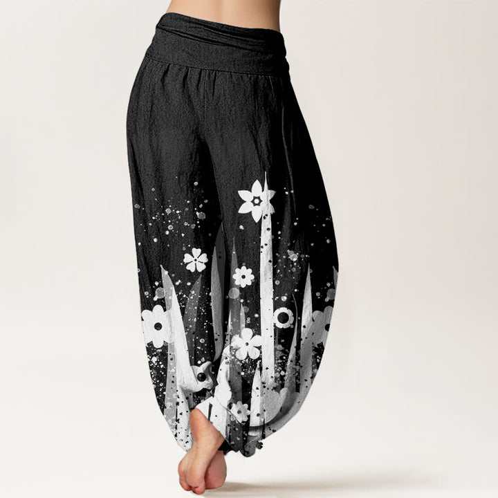 Buddha Stones Lässige Haremshose mit weißem Blumengrasmuster für Damen, elastische Taille - image 2