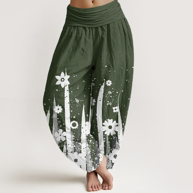 Buddha Stones Lässige Haremshose mit weißem Blumengrasmuster für Damen, elastische Taille - Dunkelgrün - US22， UK/AU26，EU54 (6XL) - image 5
