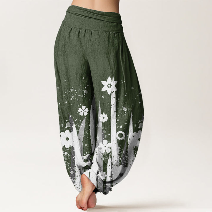 Buddha Stones Lässige Haremshose mit weißem Blumengrasmuster für Damen, elastische Taille - image 6