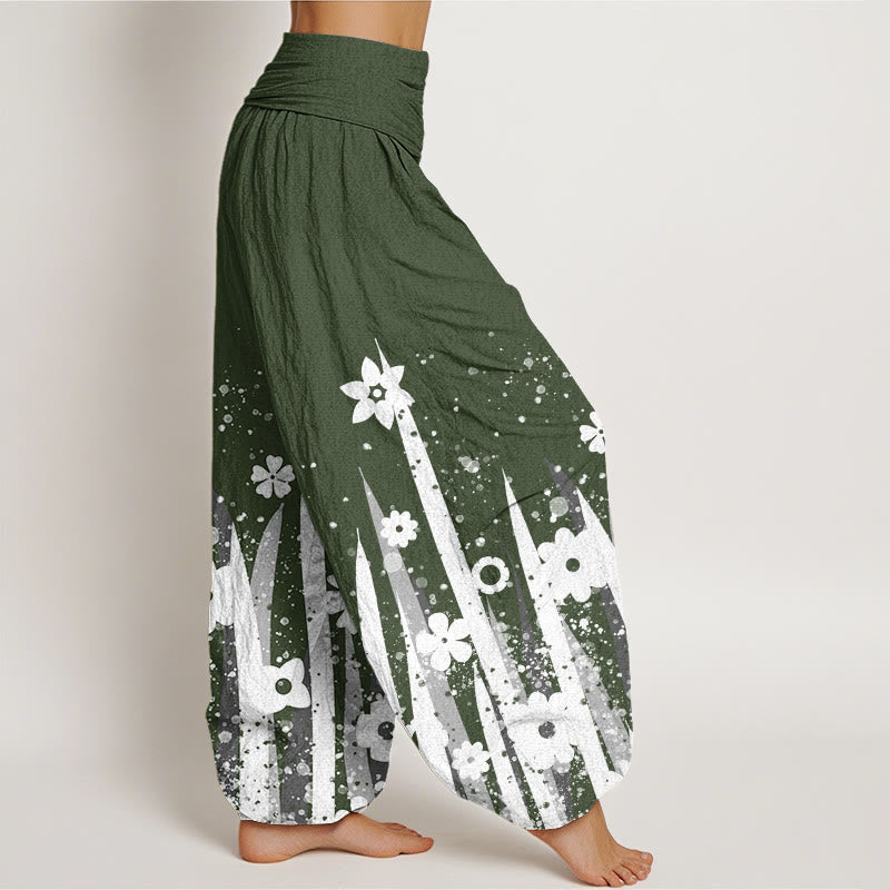 Buddha Stones Lässige Haremshose mit weißem Blumengrasmuster für Damen, elastische Taille - image 7