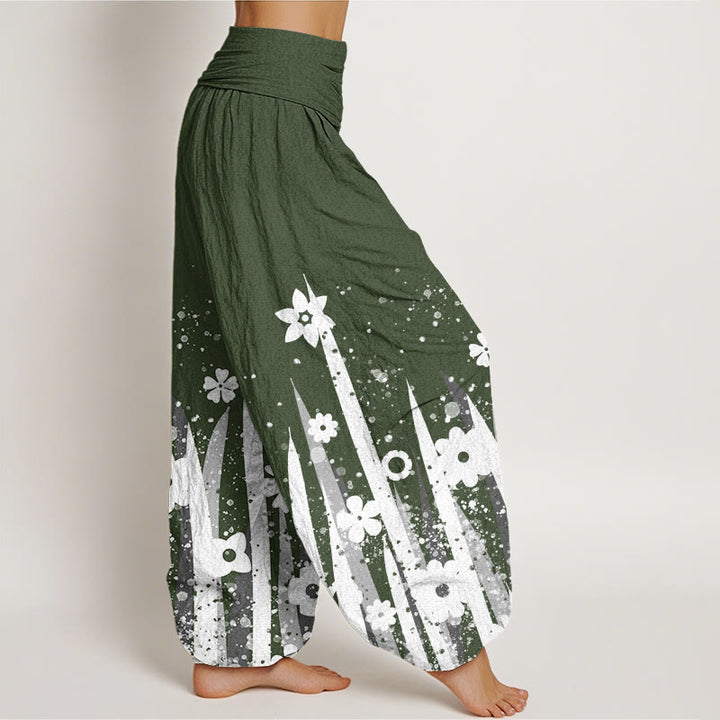 Buddha Stones Lässige Haremshose mit weißem Blumengrasmuster für Damen, elastische Taille - image 7