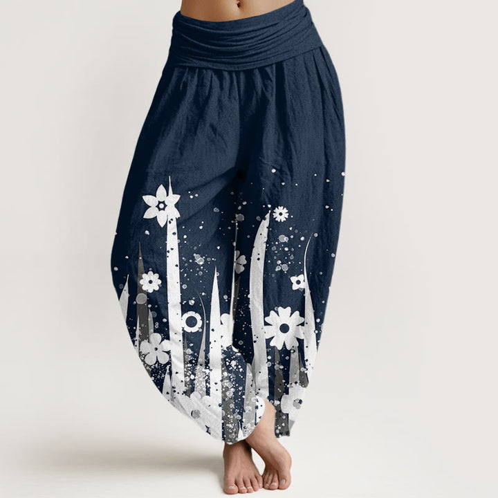 Buddha Stones Lässige Haremshose mit weißem Blumengrasmuster für Damen, elastische Taille - Mitternachtsblau - US22， UK/AU26，EU54 (6XL) - image 8