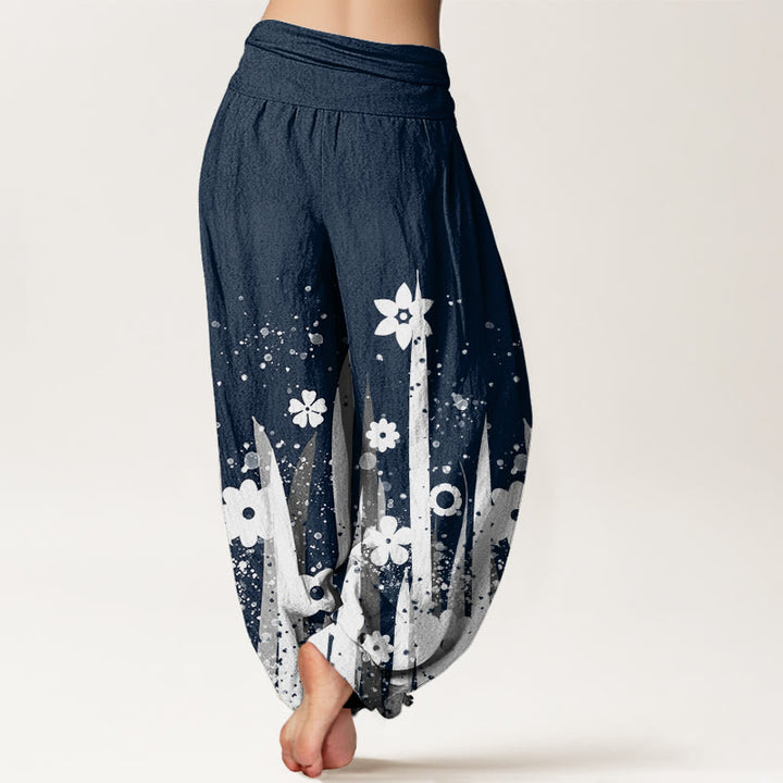 Buddha Stones Lässige Haremshose mit weißem Blumengrasmuster für Damen, elastische Taille - image 9