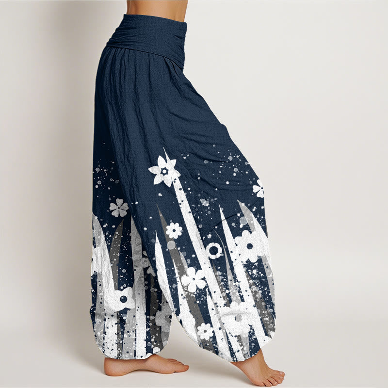 Buddha Stones Lässige Haremshose mit weißem Blumengrasmuster für Damen, elastische Taille - image 10