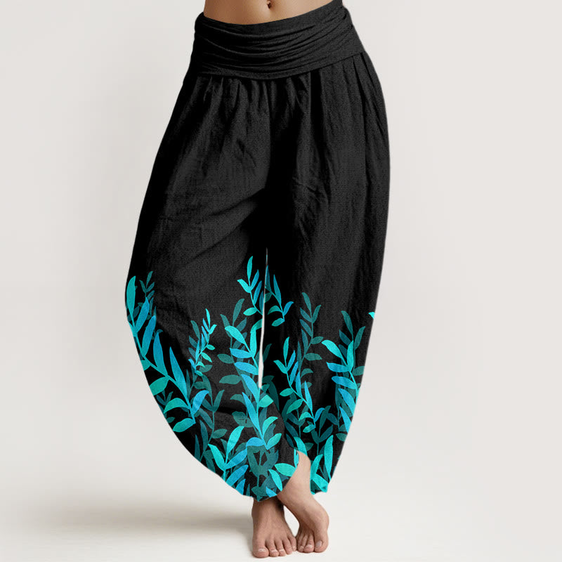 Lässige Haremshose aus Baumwolle mit Buddha Stones , Blättermuster und elastischem Bund für Damen - Schwarz - US22, UK/AU26, EU54 (6XL) - image 0