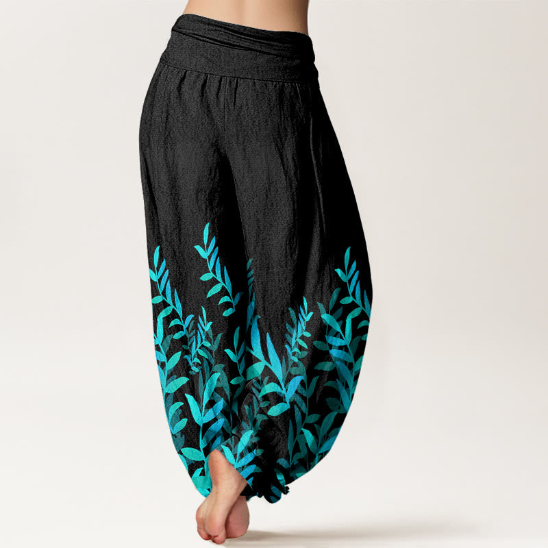 Buddha Stones Lässige Haremshose mit Blättermuster für Damen, elastische Taille - image 2
