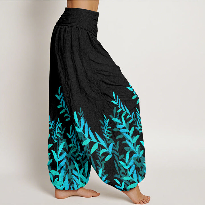 Buddha Stones Lässige Haremshose mit Blättermuster für Damen, elastische Taille - image 3