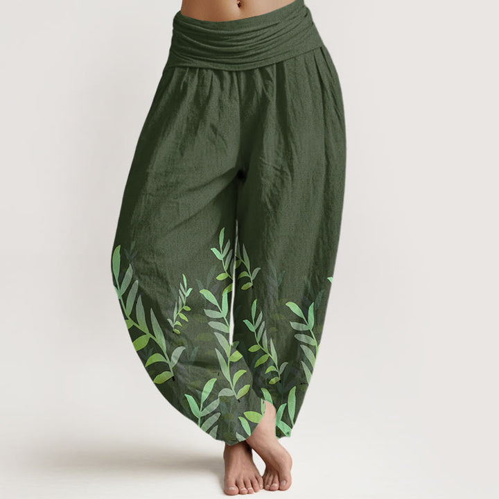 Lässige Haremshose aus Baumwolle mit Buddha Stones , Blättermuster und elastischem Bund für Damen - Waldgrün - US22, UK/AU26, EU54 (6XL) - image 4