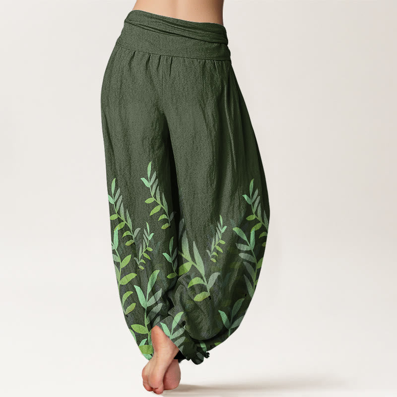 Buddha Stones Lässige Haremshose mit Blättermuster für Damen, elastische Taille - image 6