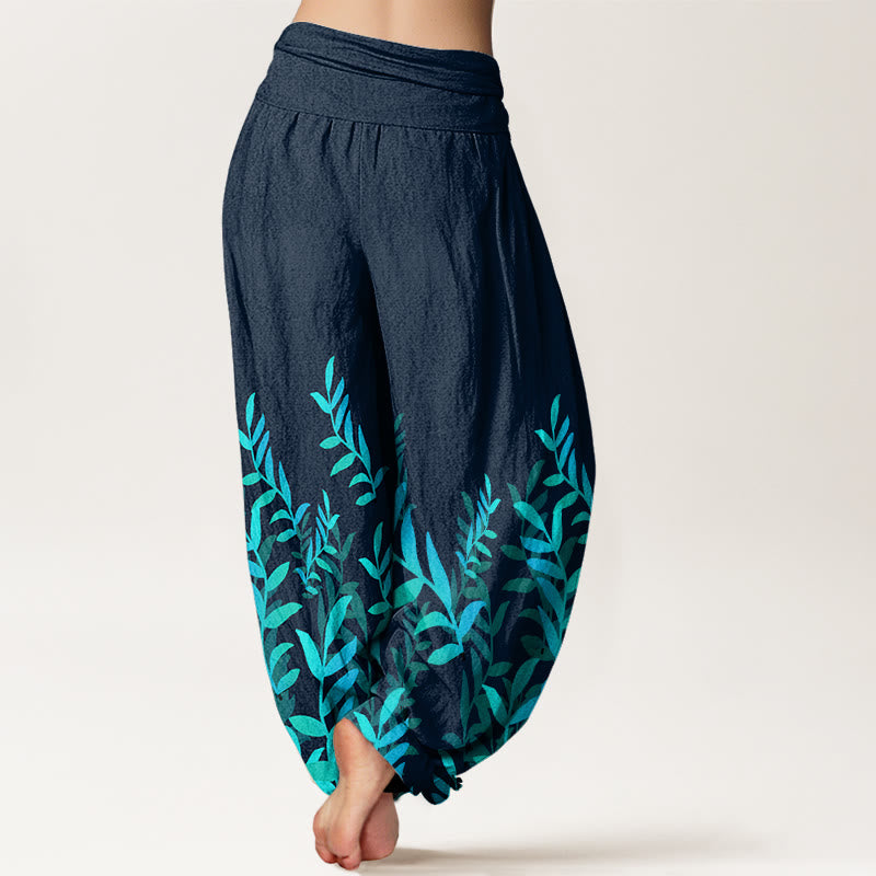 Buddha Stones Lässige Haremshose mit Blättermuster für Damen, elastische Taille - image 9