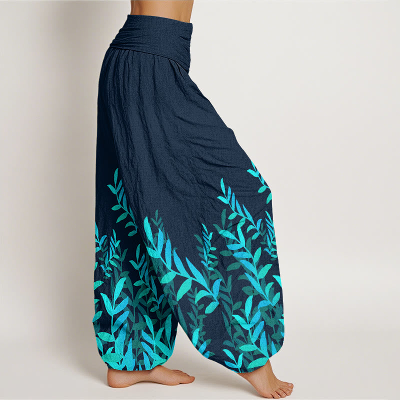 Buddha Stones Lässige Haremshose mit Blättermuster für Damen, elastische Taille - image 10