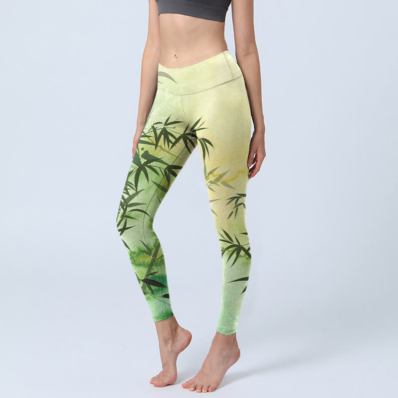 Buddha Stones Blooming Bamboo Musterdruck Gym Leggings Damen Yogahose - GelbGrün - US18， UK/AU22，EU50 (4XL) - image 1