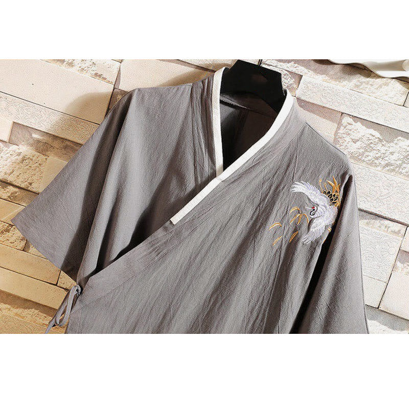 Buddha Stones Tang-Anzug mit besticktem Kranichmuster, seitliche Schnürung, kurzärmeliges Herren-T-Shirt aus Baumwolle und Leinen - image 11