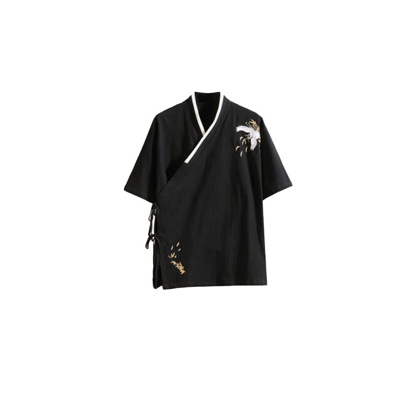 Buddha Stones Tang-Anzug mit besticktem Kranichmuster, seitliche Schnürung, kurzärmeliges Herren-T-Shirt aus Baumwolle und Leinen - image 9