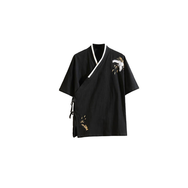 Buddha Stones Tang-Anzug mit besticktem Kranichmuster, seitliche Schnürung, kurzärmeliges Herren-T-Shirt aus Baumwolle und Leinen - image 9