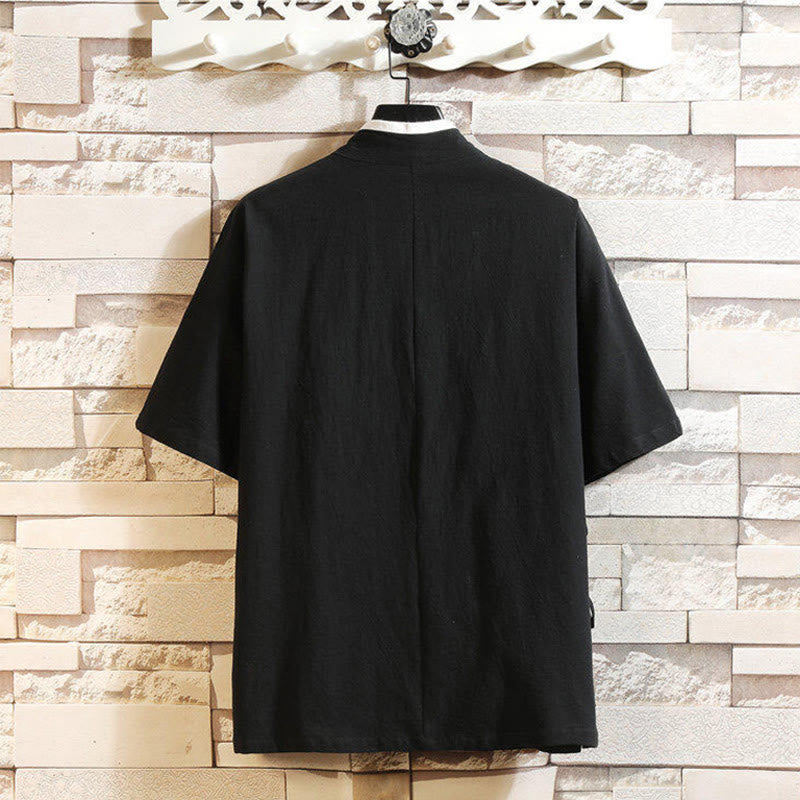 Buddha Stones Tang-Anzug mit besticktem Kranichmuster, seitliche Schnürung, kurzärmeliges Herren-T-Shirt aus Baumwolle und Leinen - image 1