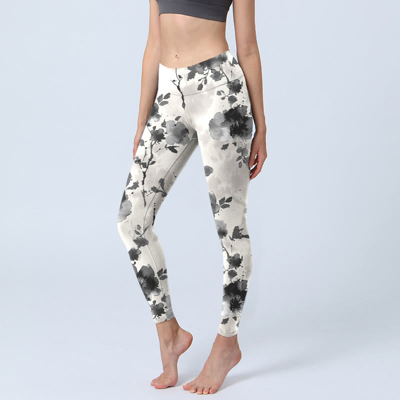 Buddha Stones Tuschemalerei Stil Blumenmuster Druck Gym Leggings Damen Yoga Hose - GhostWhite - US18, UK/AU22, EU50 (4XL) - image 0