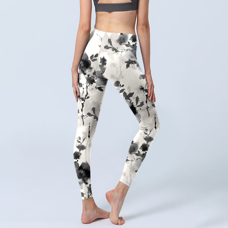 Buddha Stones Tuschemalerei Stil Blumenmuster Druck Gym Leggings Damen Yoga Hose - image 5