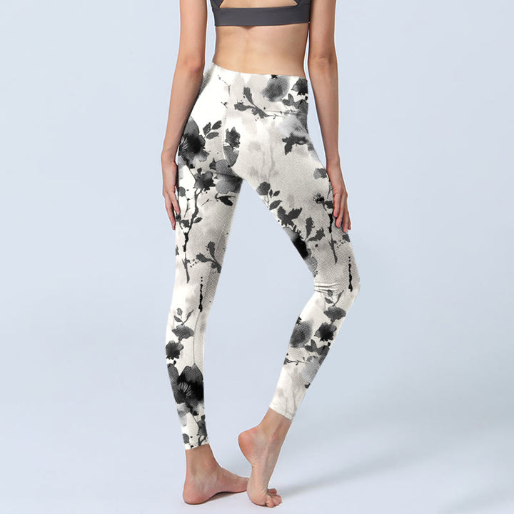 Buddha Stones Tuschemalerei Stil Blumenmuster Druck Gym Leggings Damen Yoga Hose - image 5